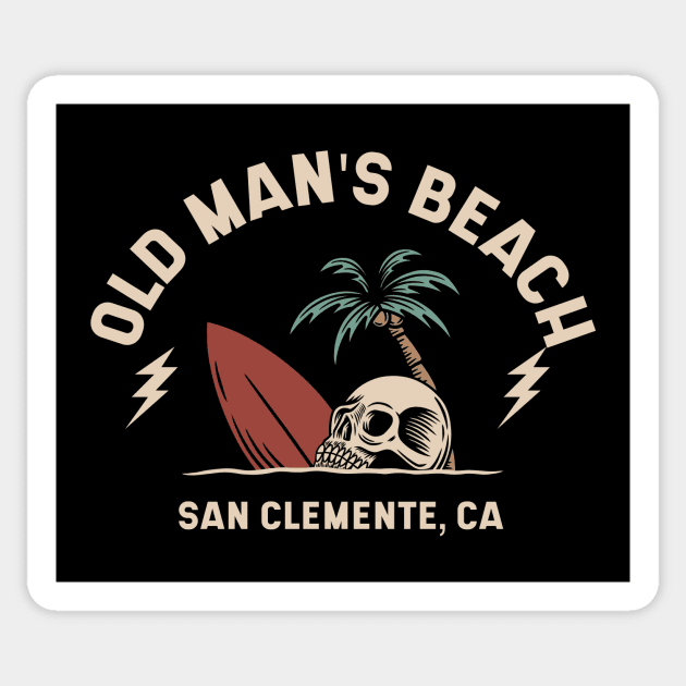 Vintage Surfing Old Man's Beach San Clemente California // Retro Surf Skull Sticker by Now Boarding